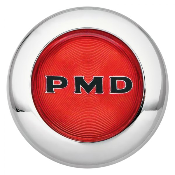 OER® - Chrome Wheel Center Cap With Black PMD Logo on a Red Background