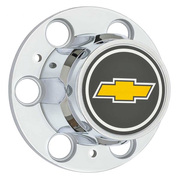 OER® - Chrome Wheel Center Hub Caps With a Yellow Bow-Tie Logo on a Black Background