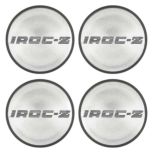 OER® - Black Wheel Center Hub Caps With Black IROC-Z Logo on a Silver Background