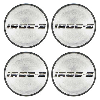 OER® - Black Wheel Center Hub Caps With Black IROC-Z Logo on a Silver Background