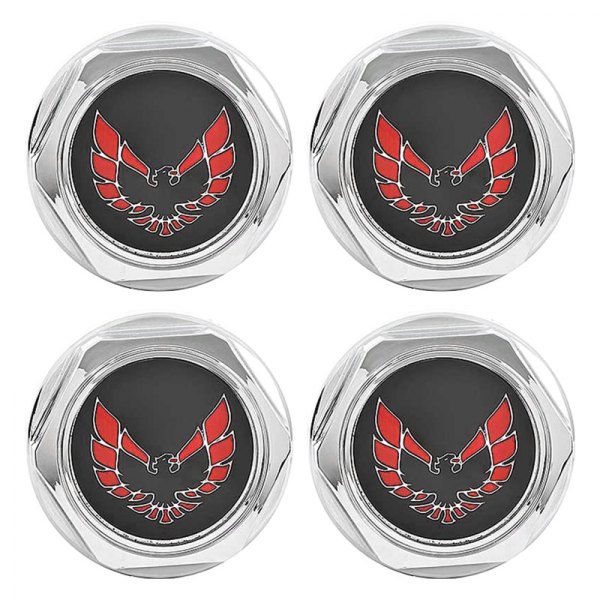 OER® - Chrome Wheel Center Caps With Red Firebird Logo on a Black Background