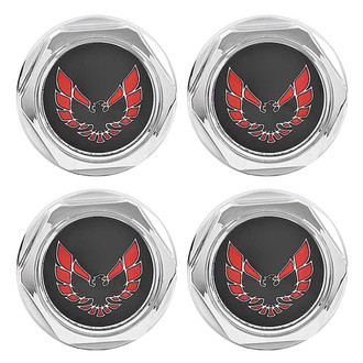OER® - Chrome Wheel Center Caps With Red Firebird Logo on a Black Background