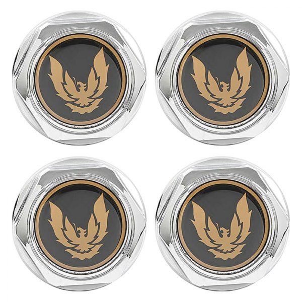 OER® - Chrome Wheel Center Caps With Late Gold Bird Logo on a Black Background
