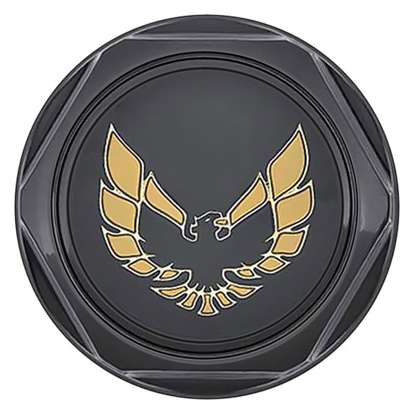 OER® - Gloss Black Wheel Center Caps With Early Gold Bird Logo on a Black Background