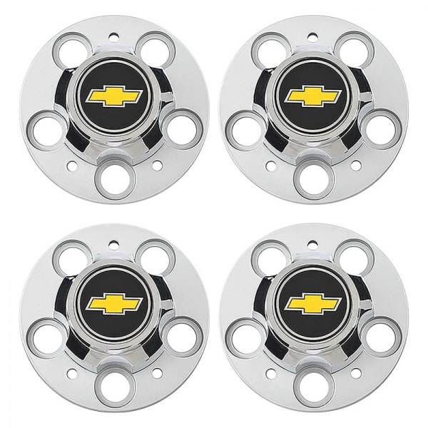 OER® - Chrome Wheel Center Caps With Yellow Bow Tie Logo on a Black Background