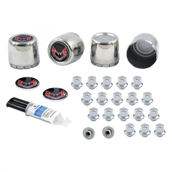 OER® - Stainless Steel Wheel Center Caps and Hardware Set With Red Firebird Emblems