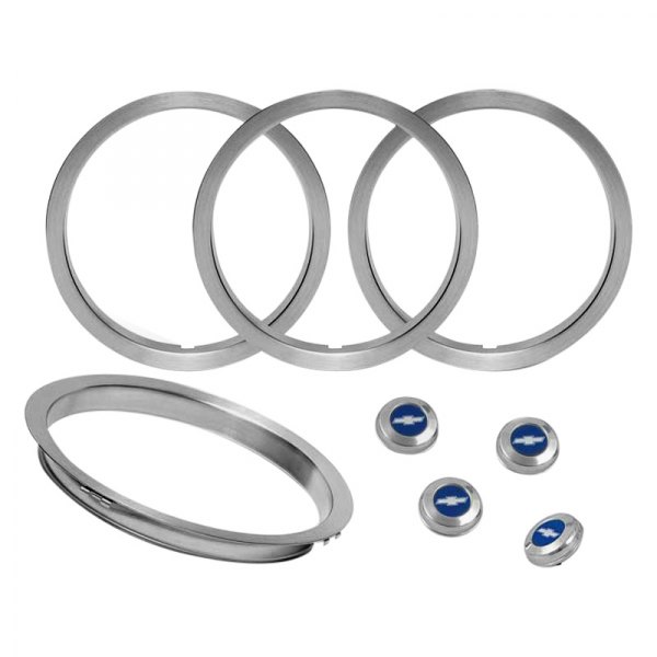 OER® - Silver Wheel Center Cap and Trim Ring Set With Silver Chevy Bow Tie Logo on a Blue Background