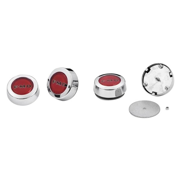 OER® - Chrome Wheel Center Caps With Black PMD Logo on a Red Background