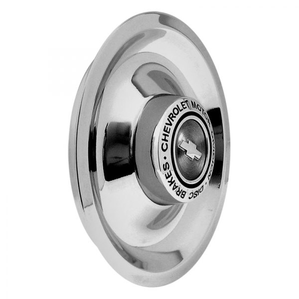 OER® - Chrome Disc Brake Rally Wheel Center Cap With Words "Chevrolet Motor Division Disc Brakes" and a Bow Tie Logo