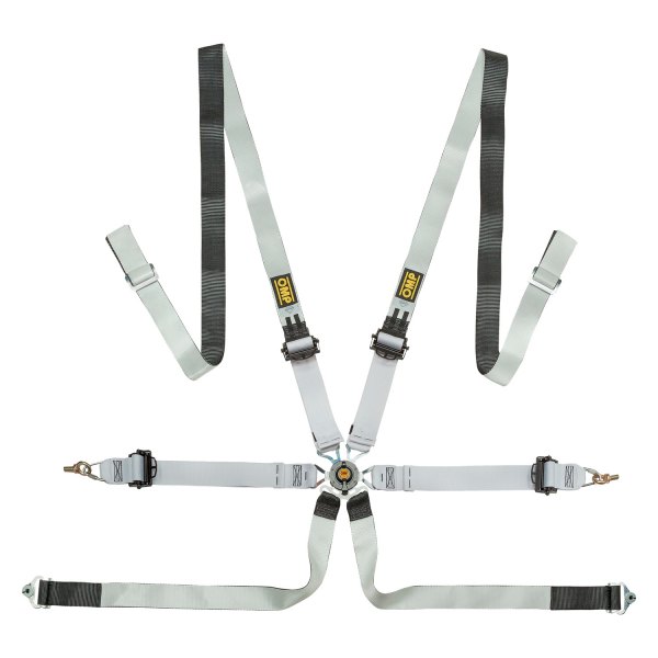 OMP® - 6-Point Saloon™ Safety Harness Set with Pull Up Ergal Adjuster, Black/White