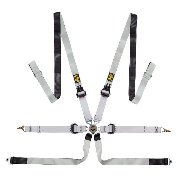 OMP® - 6-Point Saloon™ Safety Harness Set with Pull Down Ergal Adjuster, Black/White