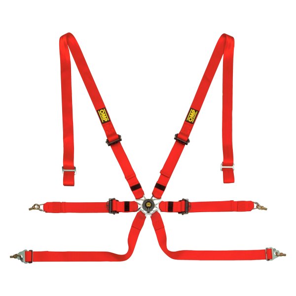 OMP® - 6-Point Saloon™ Safety Harness Set in Polyester with Pull Down Ergal Adjuster, Red