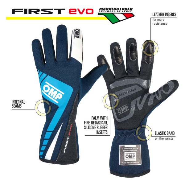 OMP® - First EVO 2016 Series Blue with Cyan Fireproof Fabric L Racing Gloves