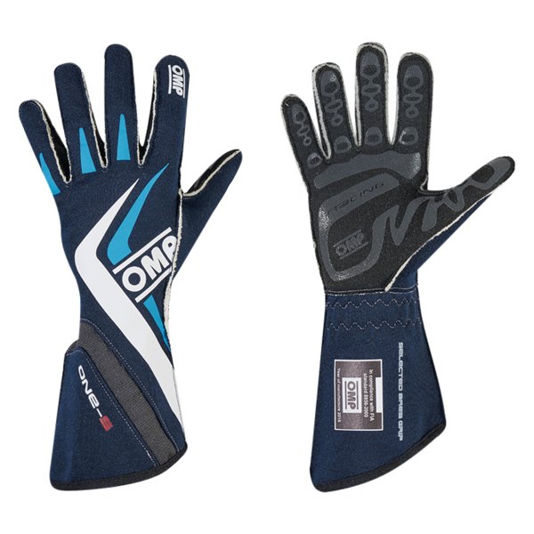 OMP® - One EVO Series Navy Blue/White/Cyan Flame Retardant Fabric L Racing Gloves
