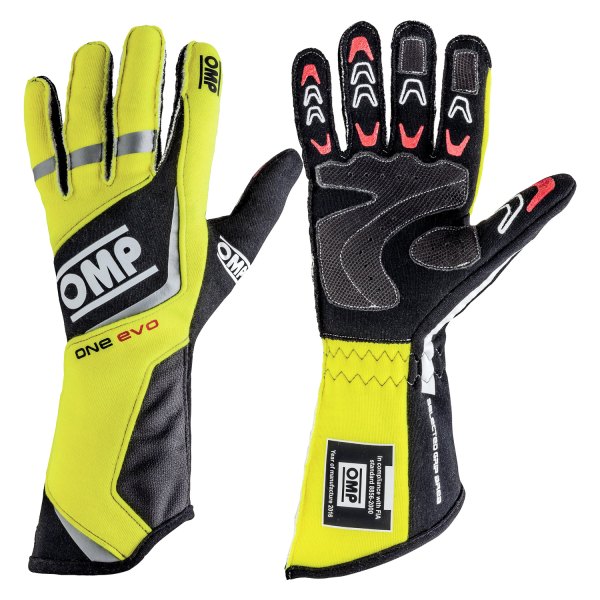 OMP® - One EVO Series Fluorescent Yellow/Black Flame Retardant Fabric S Racing Gloves