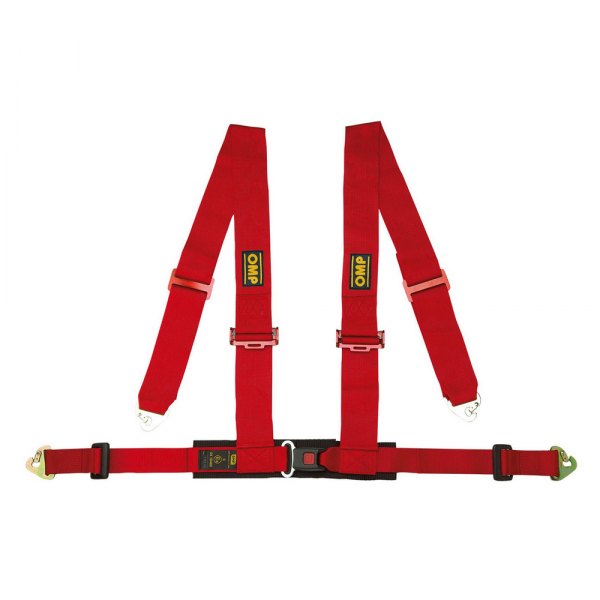 OMP® - 4-Point Racing 4M Series Street Racing Harnesses, ECE Central Push Button, Snap On, Red, 3"-2"