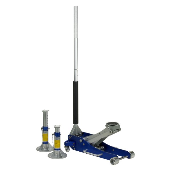 OTC® - 2 t 3-1/2" to 18" Blue/Silver Low Profile Hydraulic Racing Service Jack with 2 t Jack Stands