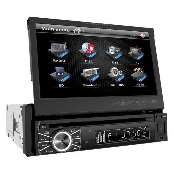 Power Acoustik® - 7" Motorized Touchscreen Display Single DIN Multimedia DVD Receiver with Bluetooth, Rear Camera Connectivity, Steering Wheel Control