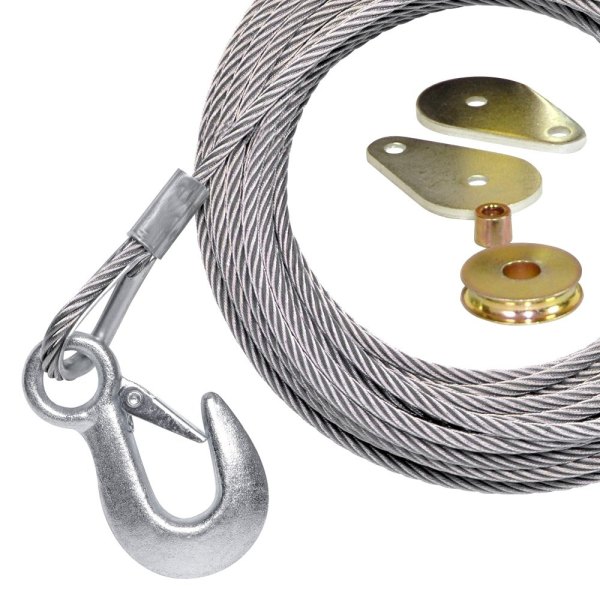 Powerwinch® - 7/32" x 50' Stainless Steel Replacement Winch Cable with Hook and Swivel Pulley Block