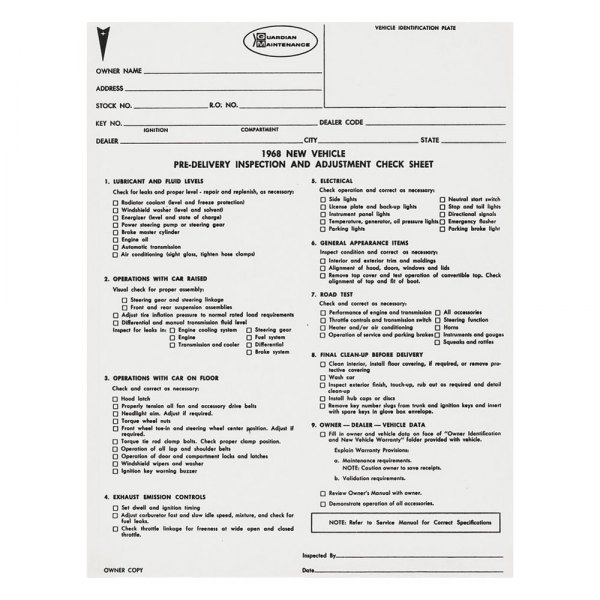 QRP® - New Car Pre-Delivery Inspection Sheet