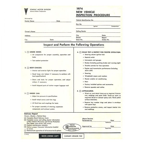 QRP® - New Car Pre-Delivery Inspection Sheet