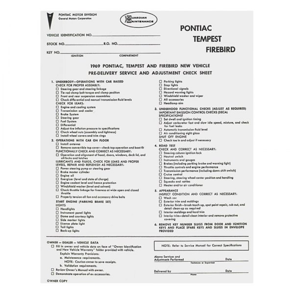QRP® - New Car Pre-Delivery Inspection Sheet