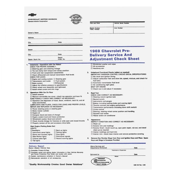 QRP® - Inspection Sheet, New Car Pre-Delivery