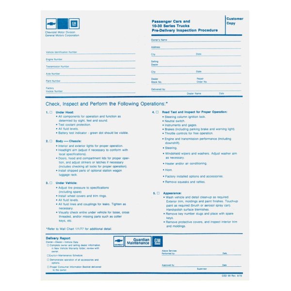 QRP® - Factory New Vehicle Pre-Delivery Sheet