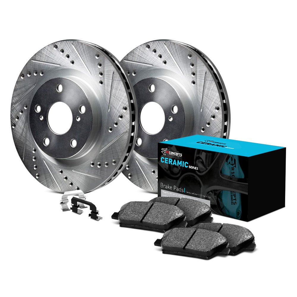 R1 Concepts CEDS10734 Eline Series Cross-Drilled Slotted Rotors And Ceramic Pads Kit Front and Rear 