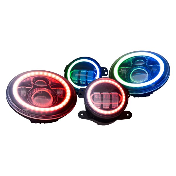 Race Sport® - 7" Round Black RGB Halo Projector LED Headlights with Fog Lights
