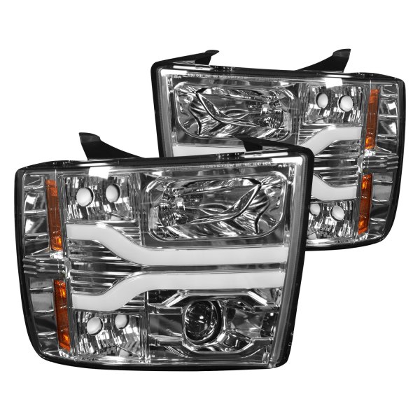 Recon® - Chrome LED DRL Bar Halo Projector Headlights, Chevy Silverado