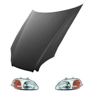 Replace® - 3-Piece Kit (Driver and Passenger Side Headlight Lenses and Housings, Hood Panel) (Value Line)