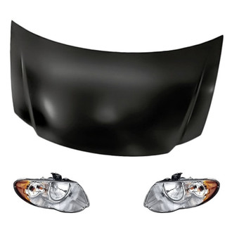 Replacement - 3-Piece Kit (Driver and Passenger Side Headlight Lenses and Housings, Hood Panel) (CAPA Certified)