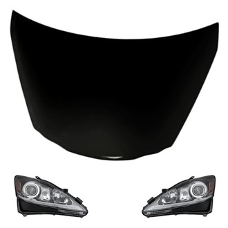 Replacement - 3-Piece Kit (Driver and Passenger Side Headlight Lenses and Housings, Hood Panel) (CAPA Certified)