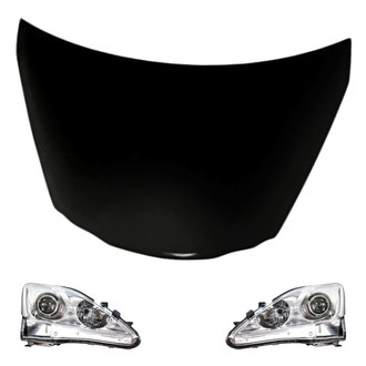 Replacement - 3-Piece Kit (Driver and Passenger Side Headlight Lenses and Housings, Hood Panel) (CAPA Certified)