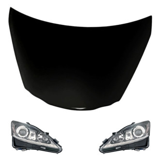 Replacement - 3-Piece Kit (Driver and Passenger Side Headlight Lenses and Housings, Hood Panel) (CAPA Certified)