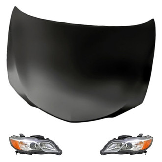 Replacement - 3-Piece Kit (Driver and Passenger Side Headlight Lenses and Housings, Hood Panel) (CAPA Certified)