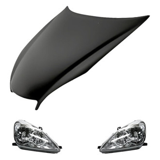 Replacement - 3-Piece Kit (Driver and Passenger Side Headlight Lenses and Housings, Hood Panel) (CAPA Certified)
