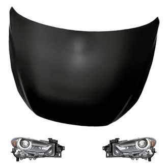 Replacement - 3-Piece Kit (Driver and Passenger Side Headlight Lenses and Housings, Hood Panel) (CAPA Certified)