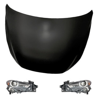 Replacement - 3-Piece Kit (Driver and Passenger Side Headlight Lenses and Housings, Hood Panel) (CAPA Certified)