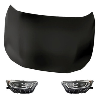 Replacement - 3-Piece Kit (Driver and Passenger Side Headlight Lenses and Housings, Hood Panel) (CAPA Certified)