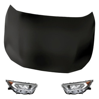Replacement - 3-Piece Kit (Driver and Passenger Side Headlight Lenses and Housings, Hood Panel) (CAPA Certified)