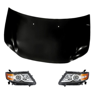 Replacement - 3-Piece Kit (Driver and Passenger Side Headlight Lenses and Housings, Hood Panel) (CAPA Certified)