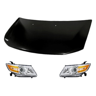 Replacement - 3-Piece Kit (Driver and Passenger Side Headlight Lenses and Housings, Hood Panel) (CAPA Certified)
