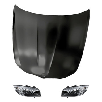 Replacement - 3-Piece Kit (Driver and Passenger Side Headlight Lenses and Housings, Hood Panel) (CAPA Certified)