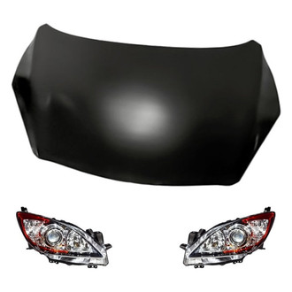Replacement - 3-Piece Kit (Driver and Passenger Side Headlight Lenses and Housings, Hood Panel) (CAPA Certified)