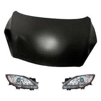 Replacement - 3-Piece Kit (Driver and Passenger Side Headlight Lenses and Housings, Hood Panel) (CAPA Certified)