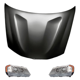 Replacement - 3-Piece Kit (Driver and Passenger Side Headlight Lenses and Housings, Hood Panel) (CAPA Certified)