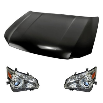 Replacement - 3-Piece Kit (Driver and Passenger Side Headlight Lenses and Housings, Hood Panel) (CAPA Certified)