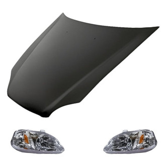 Replacement - 3-Piece Kit (Driver and Passenger Side Headlight Lenses and Housings, Hood Panel) (CAPA Certified)
